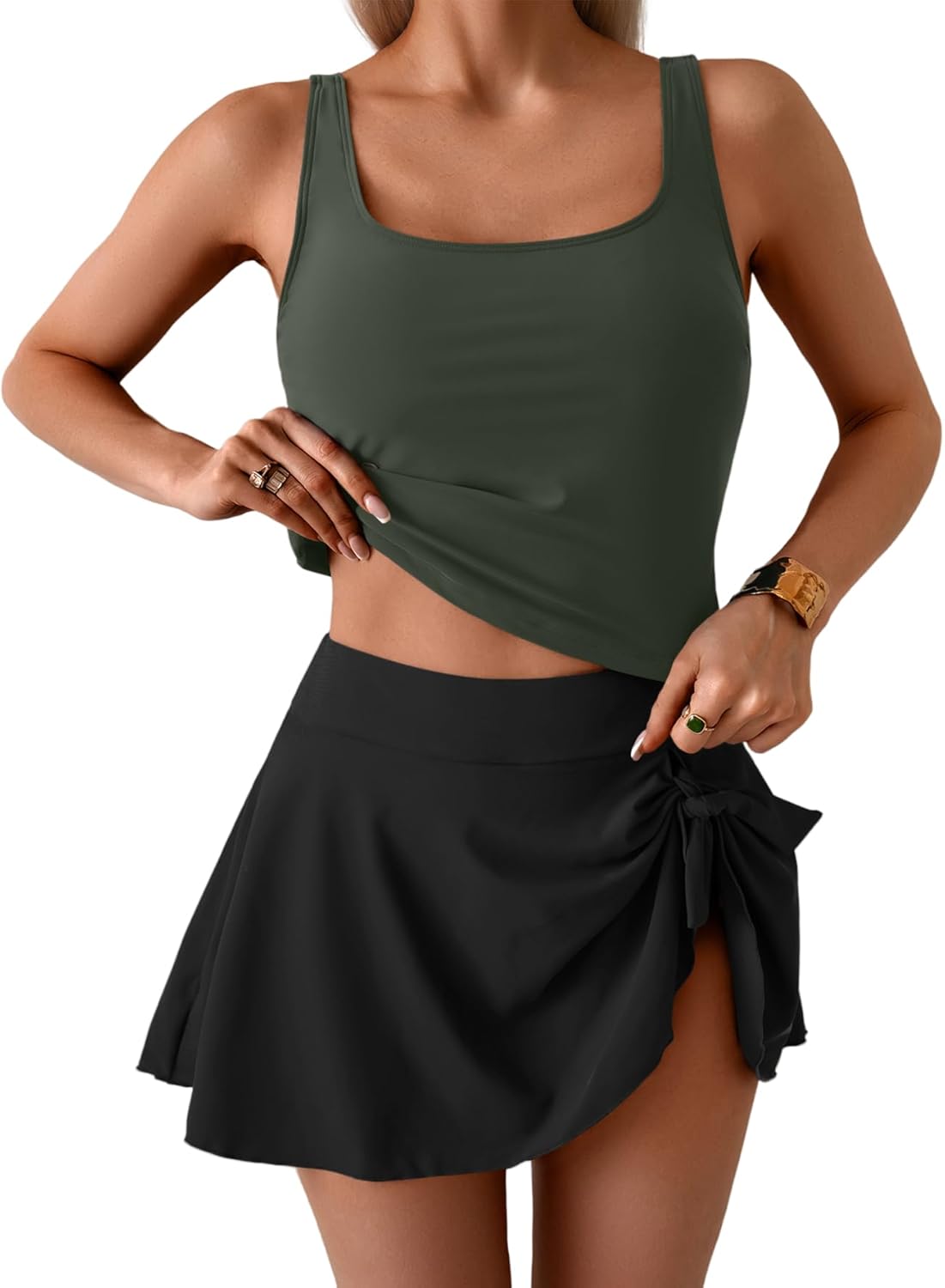 Women Tummy Control Two Piece Bathing Suit High Waisted Tank Top with Swim Skirt