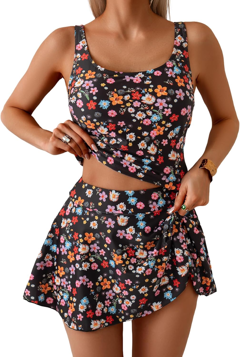 Women Tummy Control Two Piece Bathing Suit High Waisted Tank Top with Swim Skirt