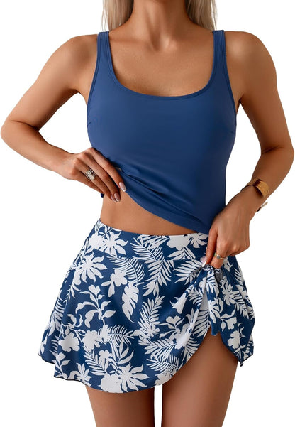 Women Tummy Control Two Piece Bathing Suit High Waisted Tank Top with Swim Skirt
