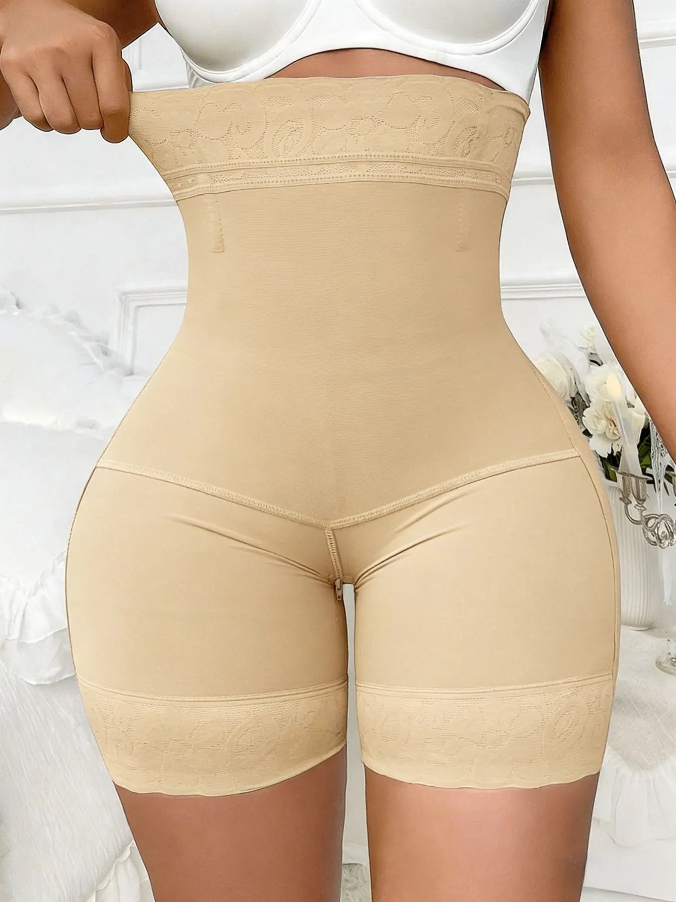 High Waist Tummy Control Shapewear Shorts | Butt Lift Breathable Lace Zipper Shorts