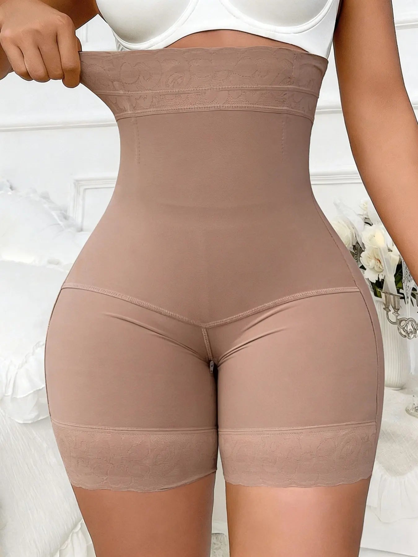 High Waist Tummy Control Shapewear Shorts | Butt Lift Breathable Lace Zipper Shorts