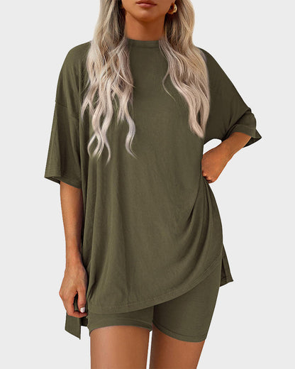 Summer Casual Crewneck Split-Hem Lounge Set with Pockets