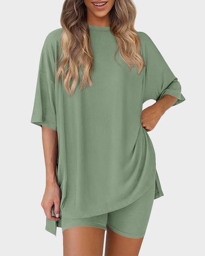 Summer Casual Crewneck Split-Hem Lounge Set with Pockets