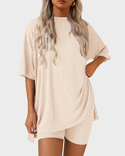 Summer Casual Crewneck Split-Hem Lounge Set with Pockets