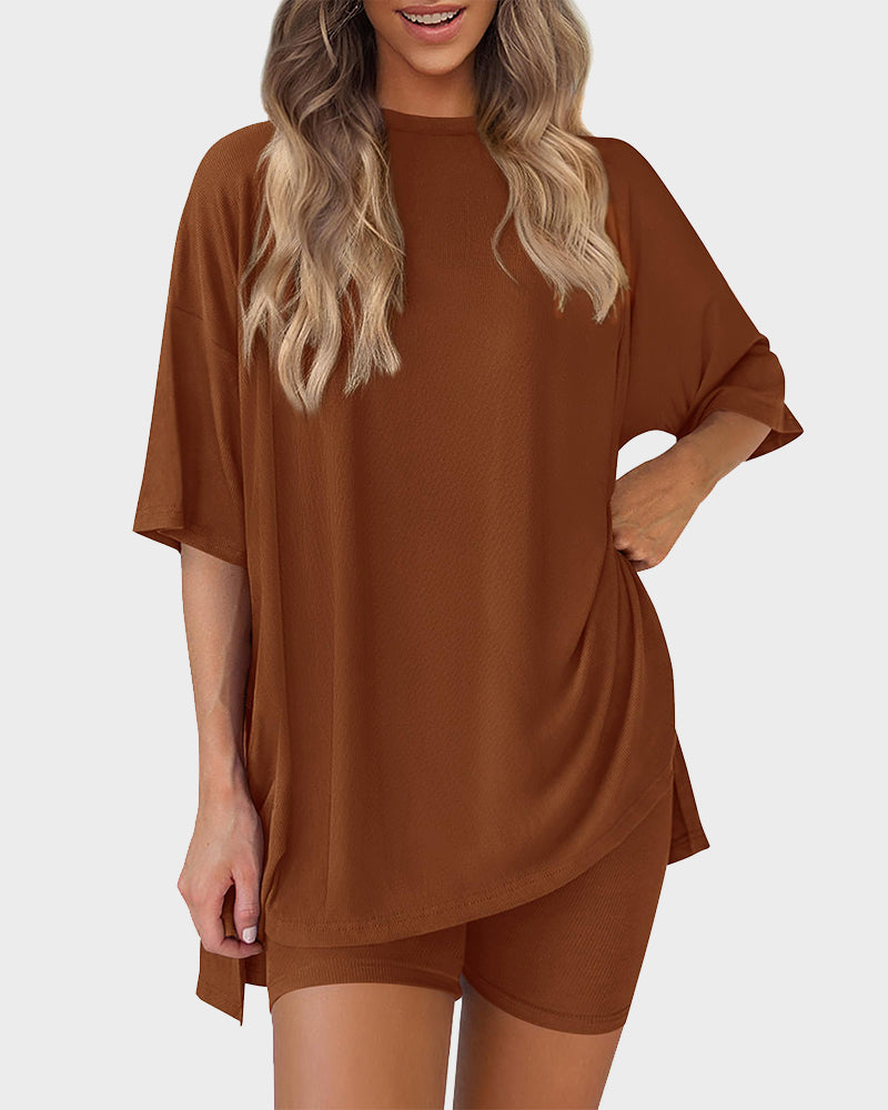 Summer Casual Crewneck Split-Hem Lounge Set with Pockets