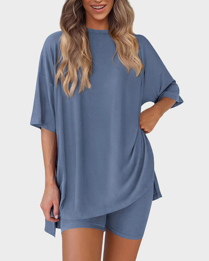 Summer Casual Crewneck Split-Hem Lounge Set with Pockets