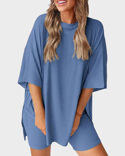 Summer Casual Crewneck Split-Hem Lounge Set with Pockets