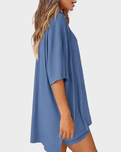 Summer Casual Crewneck Split-Hem Lounge Set with Pockets