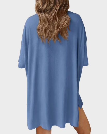 Summer Casual Crewneck Split-Hem Lounge Set with Pockets
