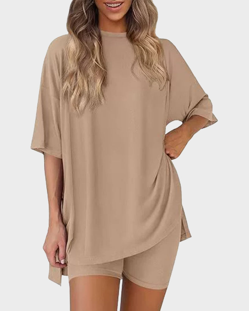 Summer Casual Crewneck Split-Hem Lounge Set with Pockets