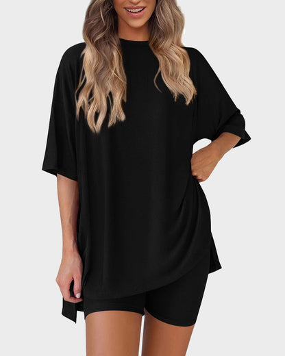 Summer Casual Crewneck Split-Hem Lounge Set with Pockets