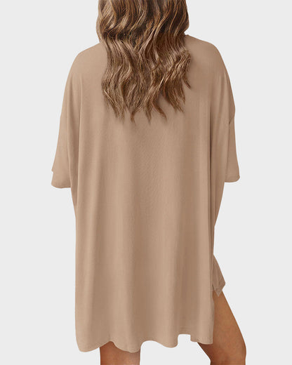 Summer Casual Crewneck Split-Hem Lounge Set with Pockets