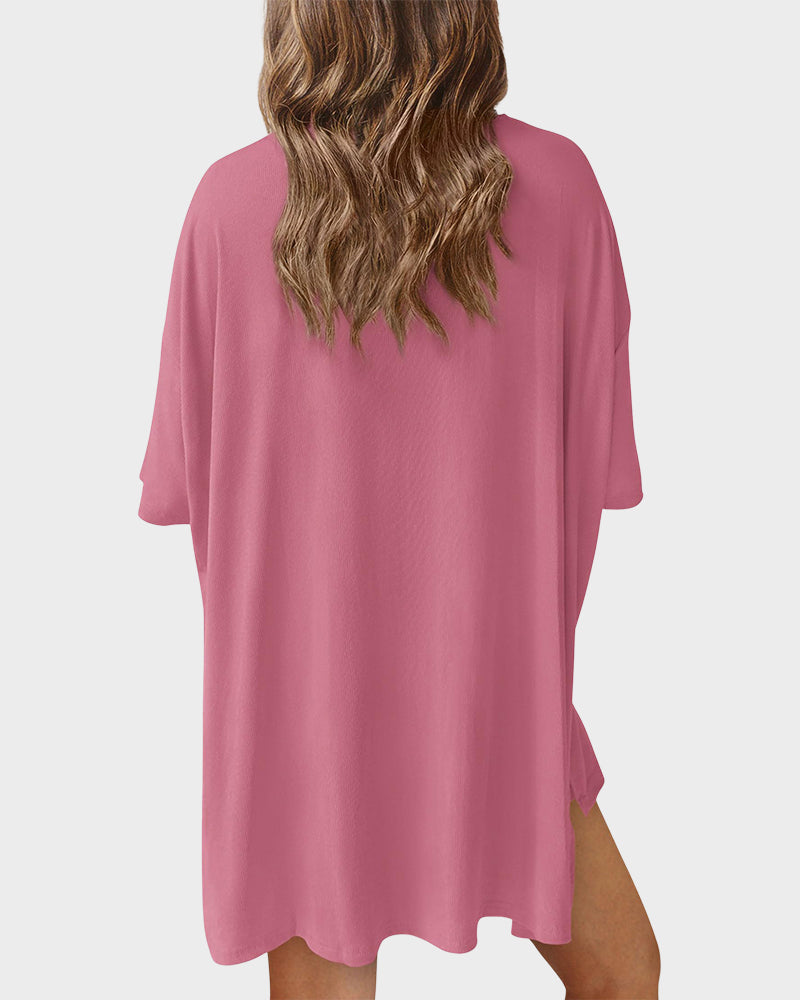 Summer Casual Crewneck Split-Hem Lounge Set with Pockets