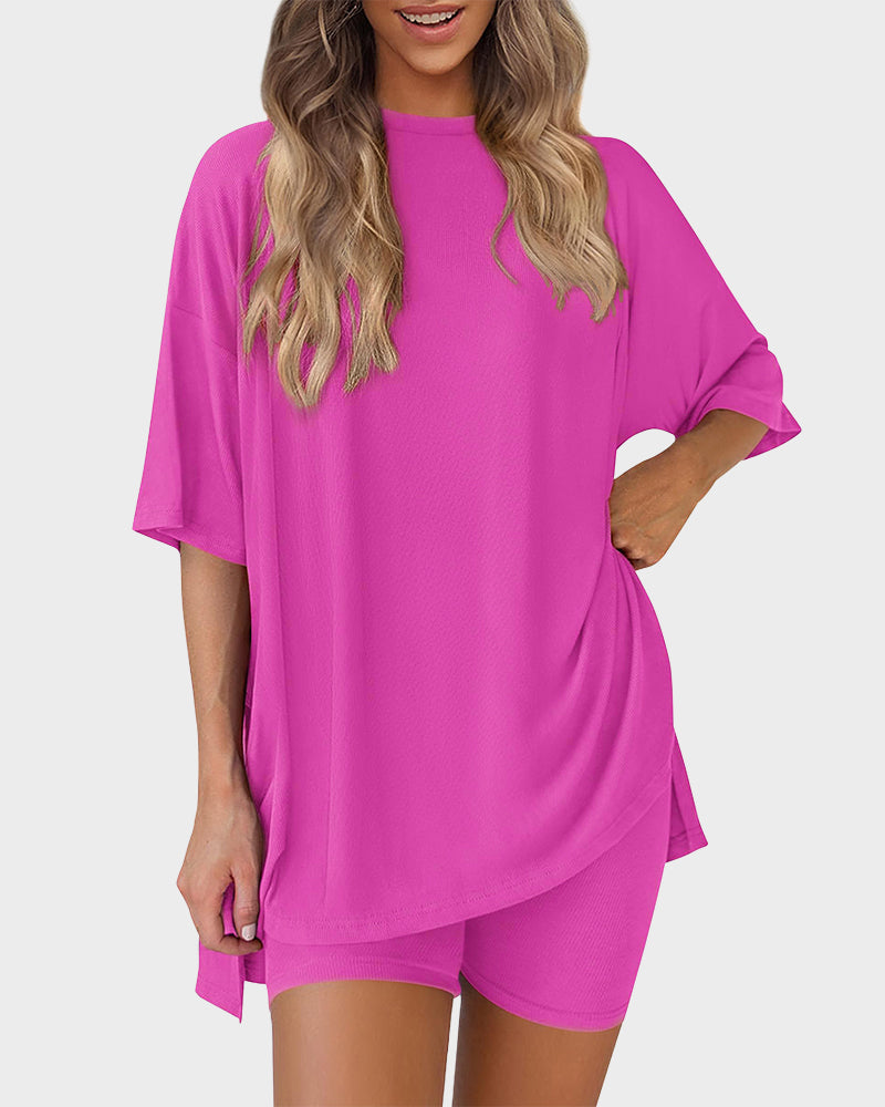 Summer Casual Crewneck Split-Hem Lounge Set with Pockets