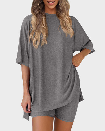 Summer Casual Crewneck Split-Hem Lounge Set with Pockets