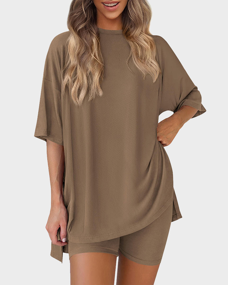 Summer Casual Crewneck Split-Hem Lounge Set with Pockets