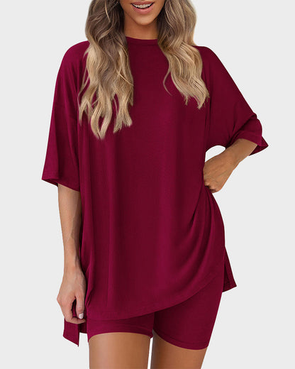 Summer Casual Crewneck Split-Hem Lounge Set with Pockets