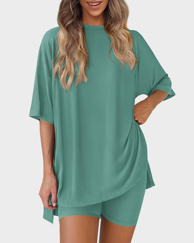 Summer Casual Crewneck Split-Hem Lounge Set with Pockets