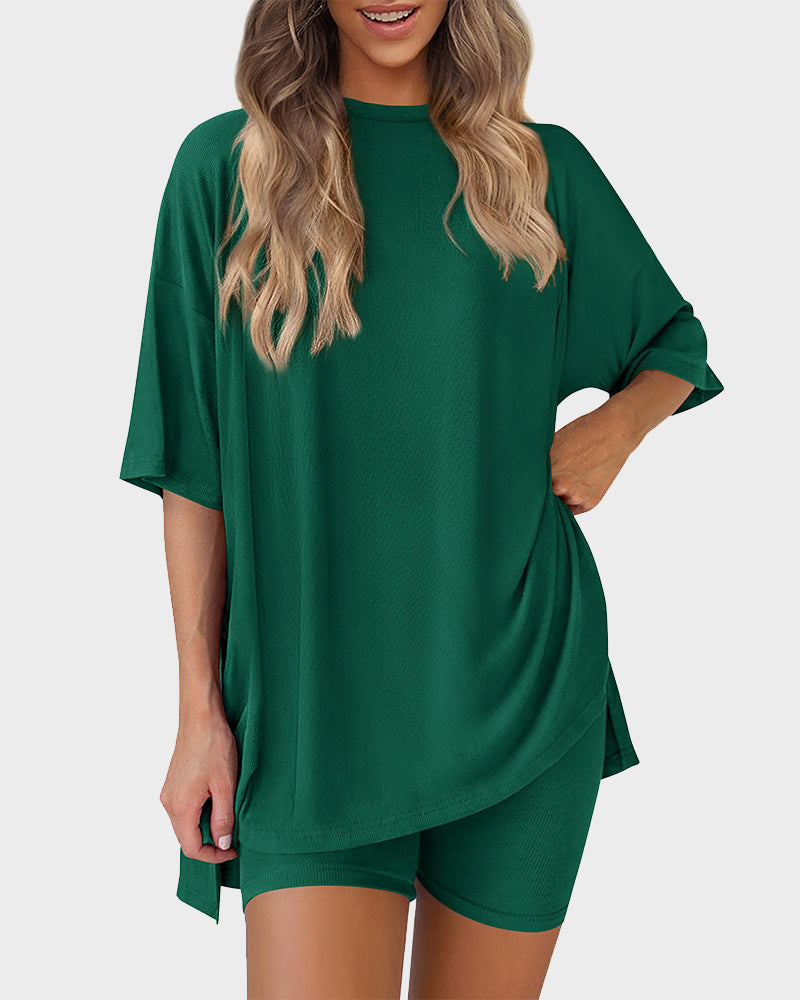 Summer Casual Crewneck Split-Hem Lounge Set with Pockets