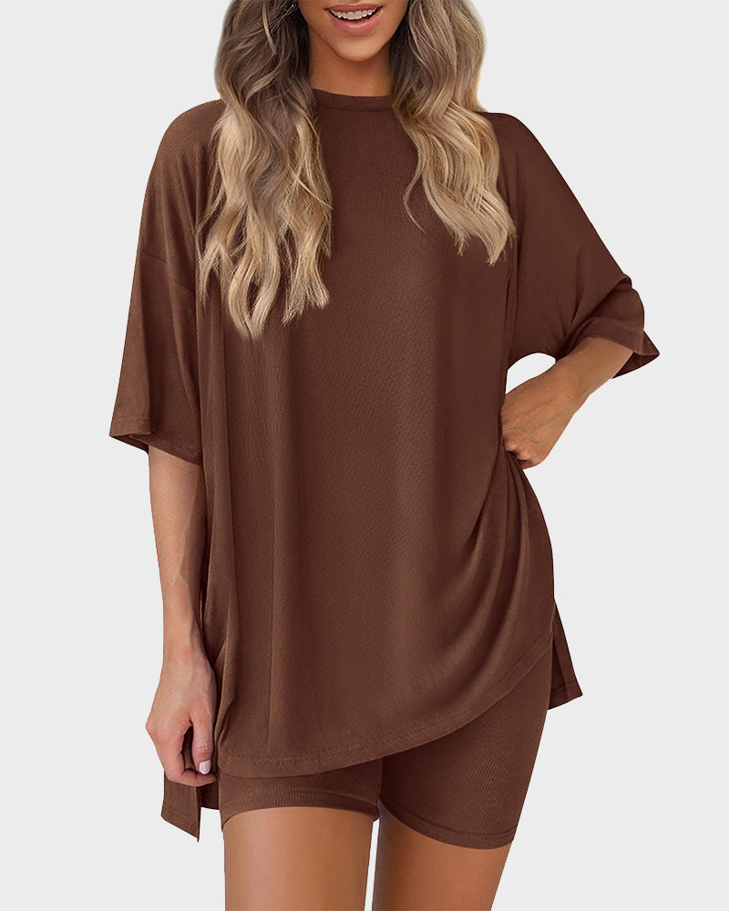 Summer Casual Crewneck Split-Hem Lounge Set with Pockets
