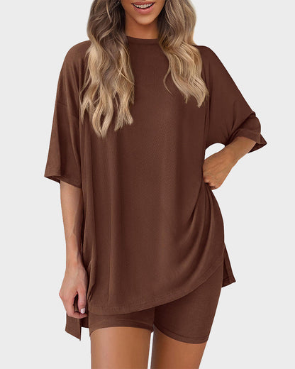 Summer Casual Crewneck Split-Hem Lounge Set with Pockets