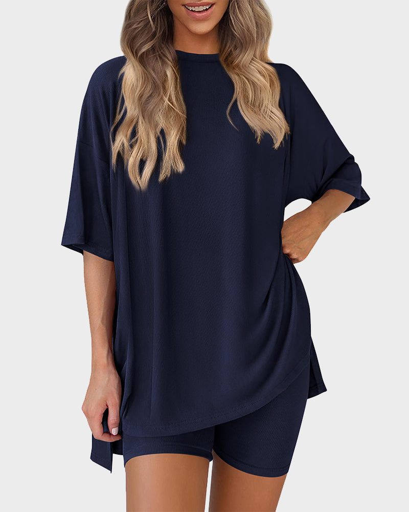 Summer Casual Crewneck Split-Hem Lounge Set with Pockets