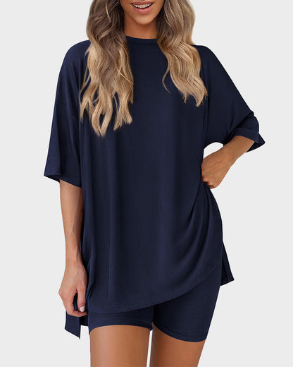 Summer Casual Crewneck Split-Hem Lounge Set with Pockets