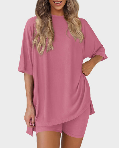 Summer Casual Crewneck Split-Hem Lounge Set with Pockets