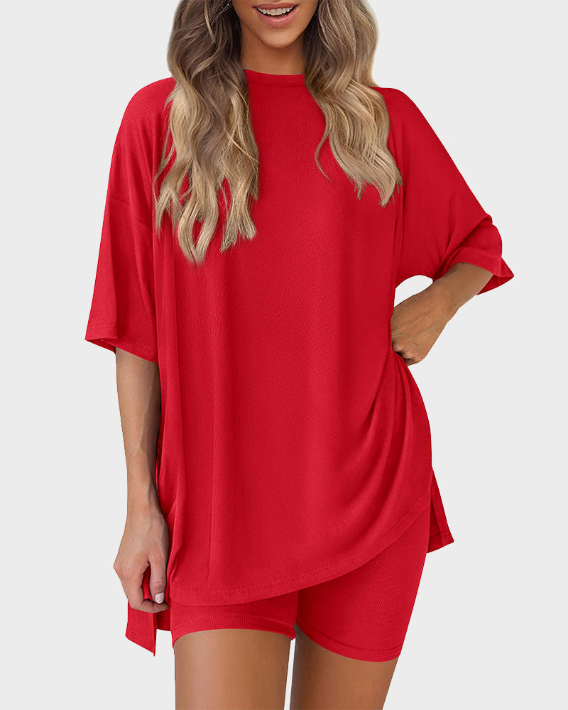 Summer Casual Crewneck Split-Hem Lounge Set with Pockets