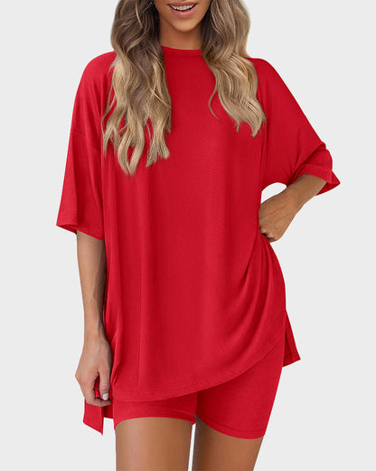 Summer Casual Crewneck Split-Hem Lounge Set with Pockets