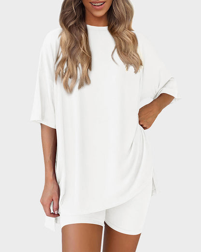 Summer Casual Crewneck Split-Hem Lounge Set with Pockets